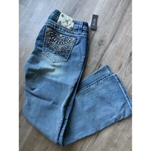 NWT Miss Me Women Bootcut Jeans Medium Wash Rhinestone Rainbow Embroidered Sz 34